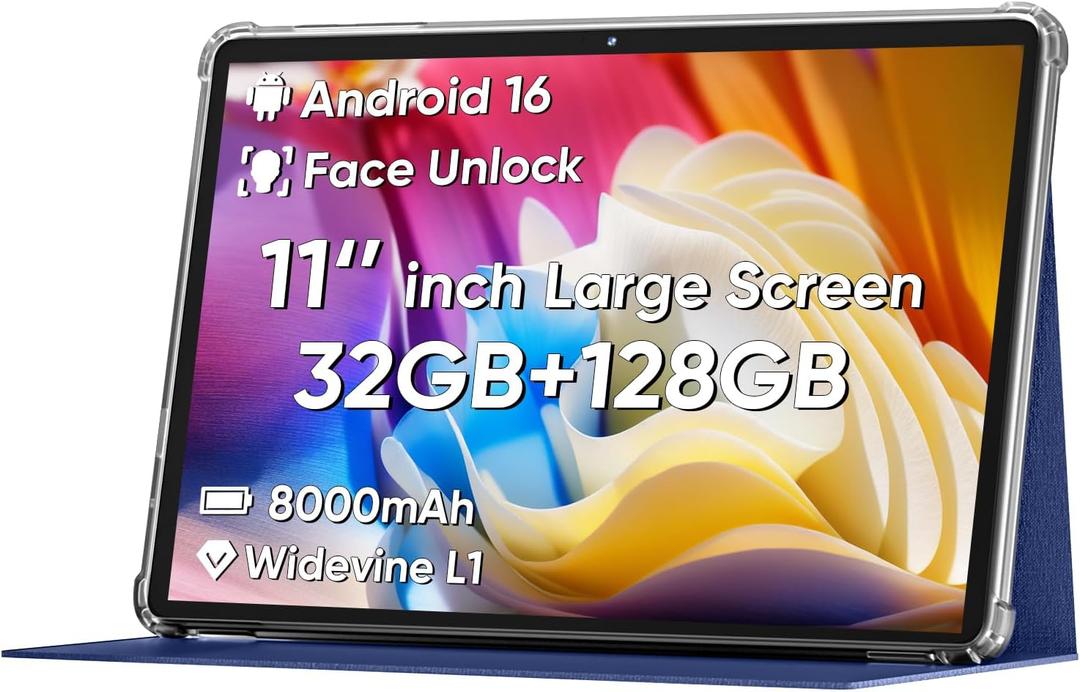 Android 16 Tablet 11inch, Face Unlock, 18W Fast Charging, 32GB+128GB+1TB Expand, Octa-core CPU, 8000mAh Large Battery, WiFi6, Touchscreen Display, Widevine L1 Tableta, Blue
