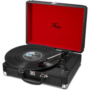 Vinyl Record Player with Speakers 3 Speed Portable Turntable Suitcase Built in 2 Speakers RCA Line Out AUX Headphone Jack -Black