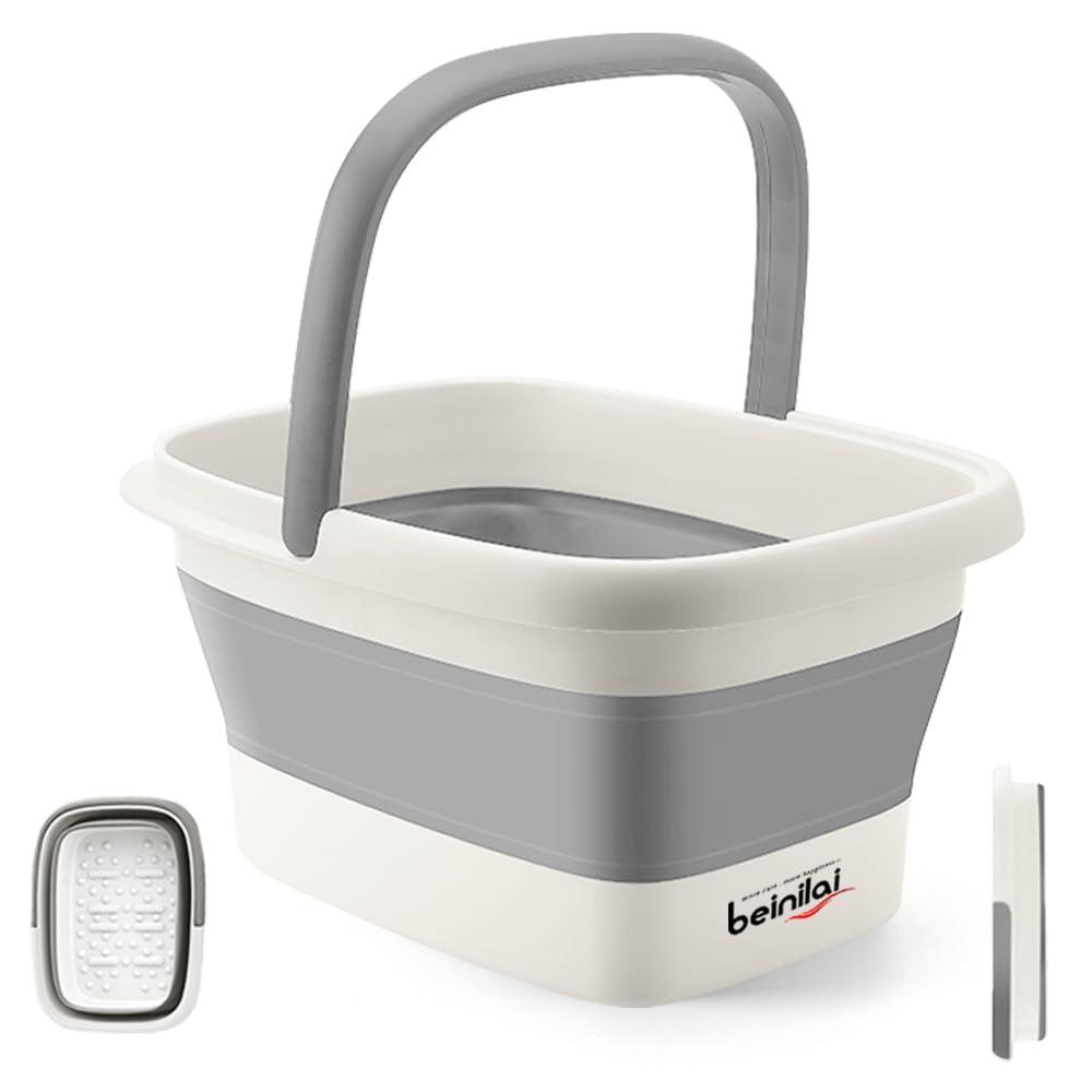 Beinilai Collapsible Foot Bath Basin for Soaking Feet,Foot Soak Tub,Plastic Foot Bucket with Handles and Massage Acupoint,Foldable Laundry Basket-Gery (1 Pack, Grey)