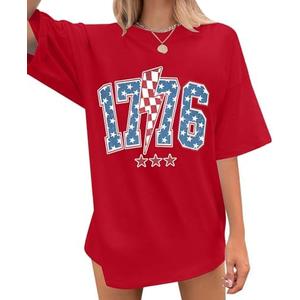 Women America 1776 T Shirt 4th of July Oversized Shirts Patriotic USA Flag Casual Short Sleeve Tee Tops L, Red