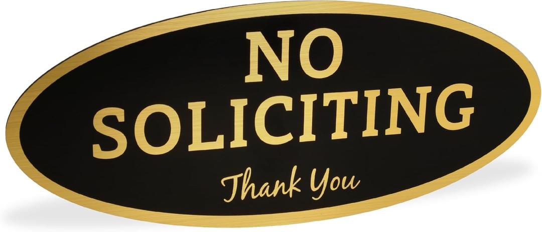 ExcelMark No Soliciting Sign for House or Business  Durable Indoor/Outdoor Sign  Easily Attach to Front Door - UV and Weather Resistant (Small - 2"x 5", Black with Gold Letters)