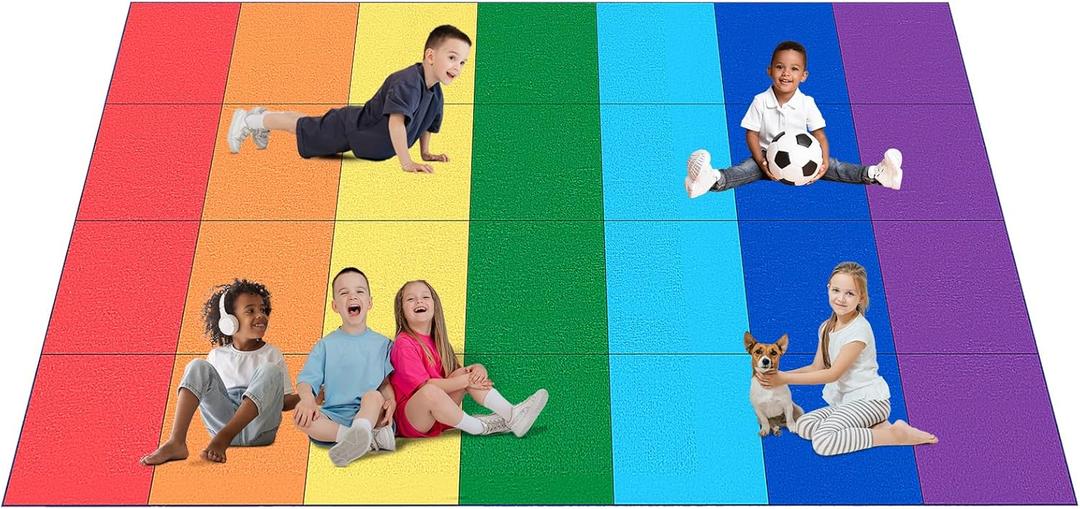 7.5x13ft Colorful Classroom Rug, Washable Kids Area Rug for Classroom, Classroom Carpet Elementary for School, Nursery, Non-Slip Educational Learning Mat, Rainbow, 157x90 inch, 2 PCS
