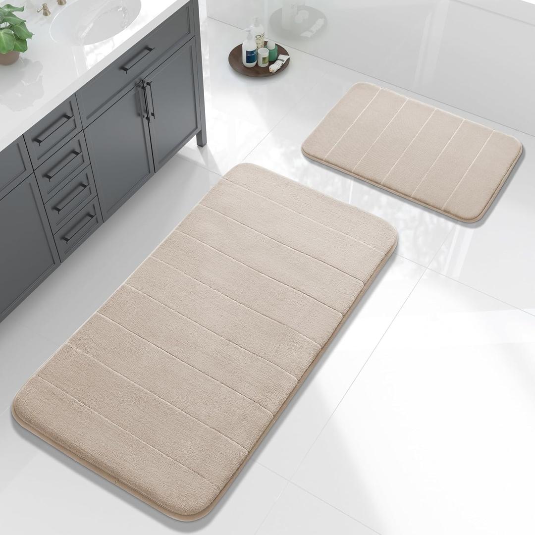 Yimobra Large Bath Mat Set 2 Piece- Super Soft Absorbent Quick Dry Memory Foam Bathroom Rugs, Machine Washable Non Slip Floor Carpet for Tub Shower & Double Vanity (17x24 & 44x24, Beige)