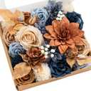 Ling's moment Fake Flowers Box, Faux Artificial Greenery Stems Foam Roses Gardenia Silk Dahlia Fabric Flower for Centerpieces Bouquet Wedding Vase Decorations, Burnt Orange & Navy, Grand Combo