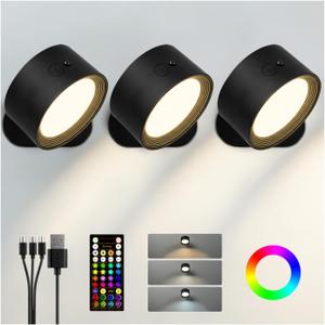 Wall Mounted Lights, 3 Pack Rechargeable RGB Color Changing Light, 3 Color Temps & Remote and Touch, 360 Rotation Dimmable Cordless for Study Bedroom Reading Bedside (Black)