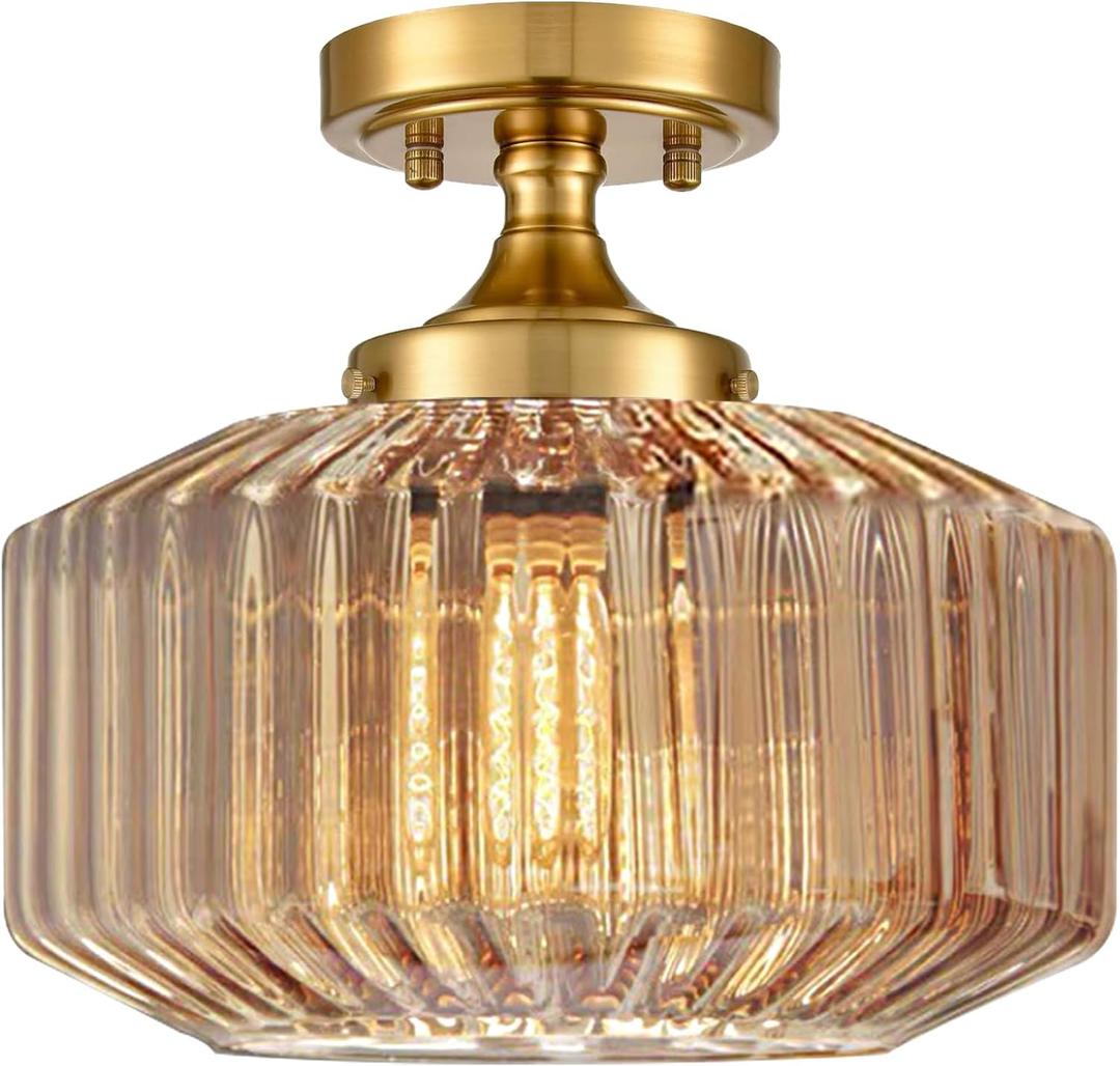 Flush Mount Light Fixture 11.02" Farmhouse 1 Light Ceiling Fixture with Amber Striped Hand Blown Glass Shade, E26 Base for Kitchen, Dining Room, Hallway