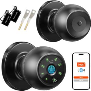 Fingerprint Door Lock, Smart Keyless Entry Door Knob with Keypad and Doorbell, 5-in-1 Biometric Door Lock with Fingerprint, Password, IC Card, Key & App Control(6 Languages) for Home, Bedroom, Office