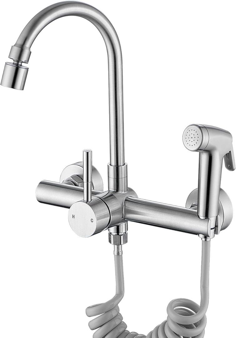 Wall Mount Kitchen Faucet with Side Sprayer, Commercial Sink Faucet 8 Inch Center, 360 Swivel Spout, Dual Functional Sprayer, Utility Sink Mixing, 304 Stainless Steel, Brushed Nickel Finish