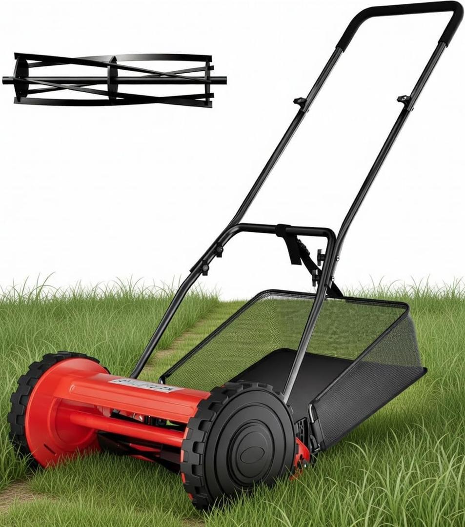 PeakPursuit 14-Inch Cordless Push Reel Lawn Mower, 5-Blade Walk-Behind Manual Grass Cutter with Steel Frame, Adjustable Cutting Height, Soft Grip Handle & 6.7-Gallon Grass Catcher