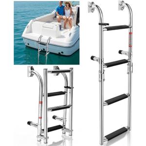 Folding 4 Step Boat Ladder, Heavy Duty 304 Stainless Steel Transom Boarding Swim Platform Ladder with Non Slip Steps, 400 lb Capacity, Corrosion Resistant Ladders for Pontoon, Yacht