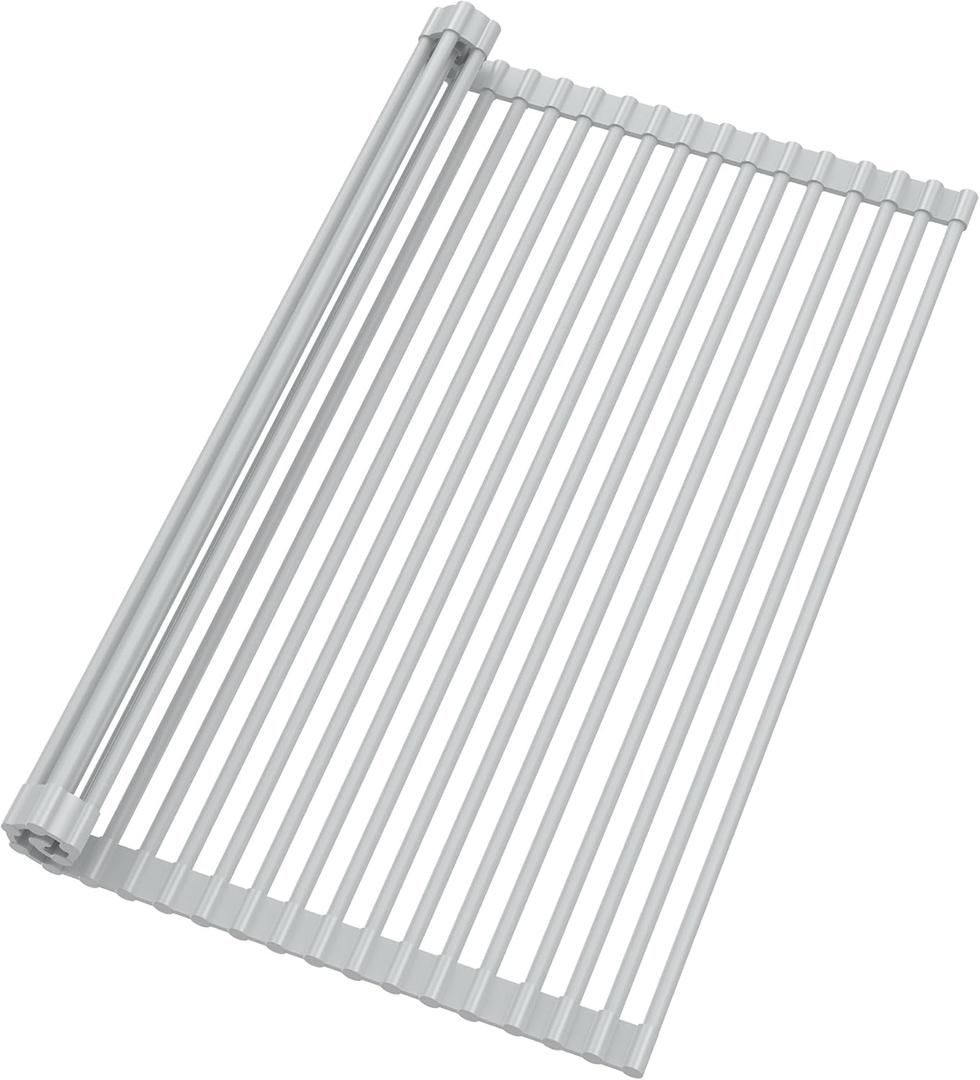 Roll Up Dish Drying Rack, Silicone Wrapped Over The Sink Multipurpose Foldable Dish Drainer Anti-Slip Coated Stainless Steel Dish Racks for Kitchen Counter, Sink Drying Rack (Gray, 20.5" x 17.3") (Grayfor Silicone Wrapped Size 20.5" X 17.3")