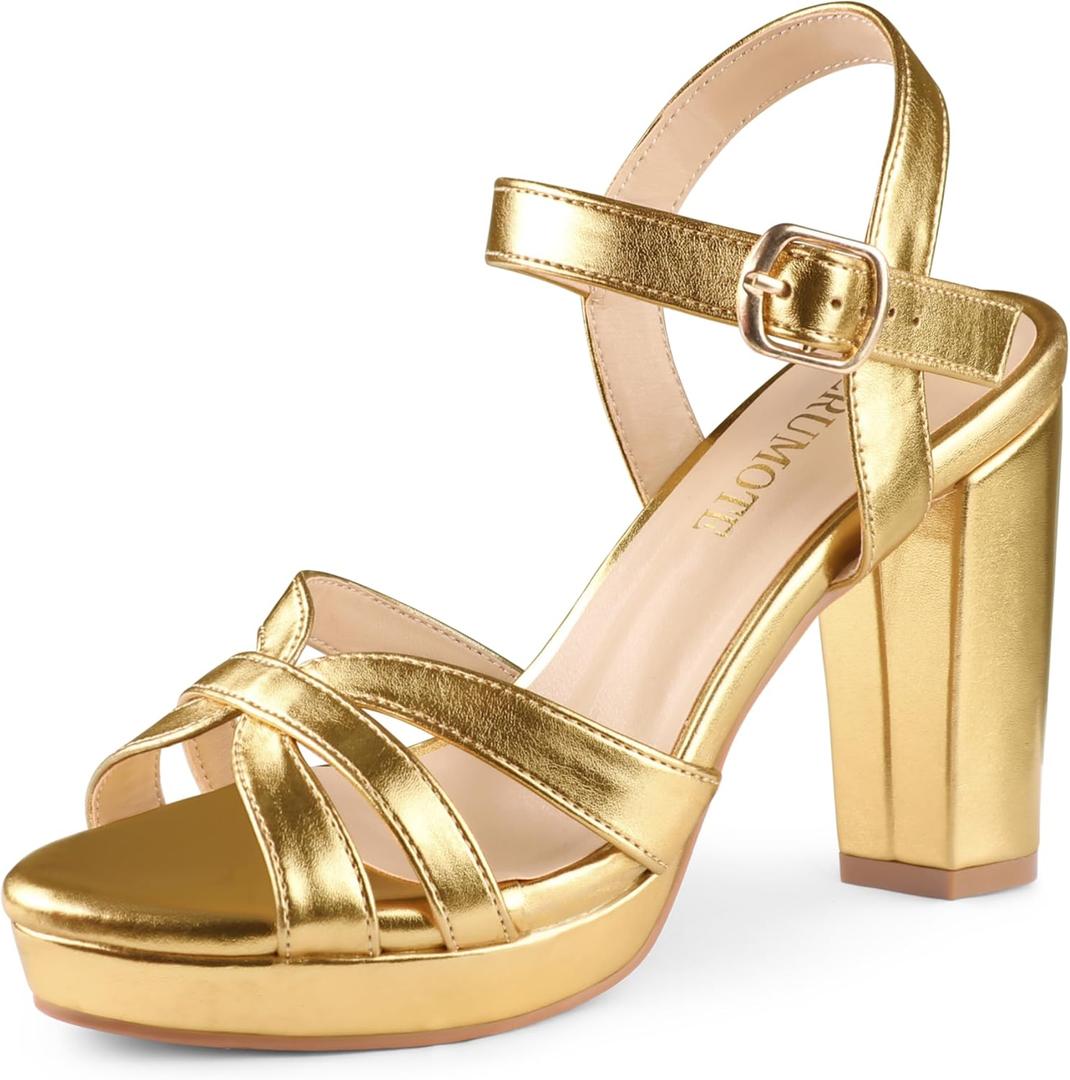 MERUMOTE Women's Open Toe Chunky High Heels Ankle Strap Platform Pump Shoes Buckle Party Sandals (9, Gold Matte)