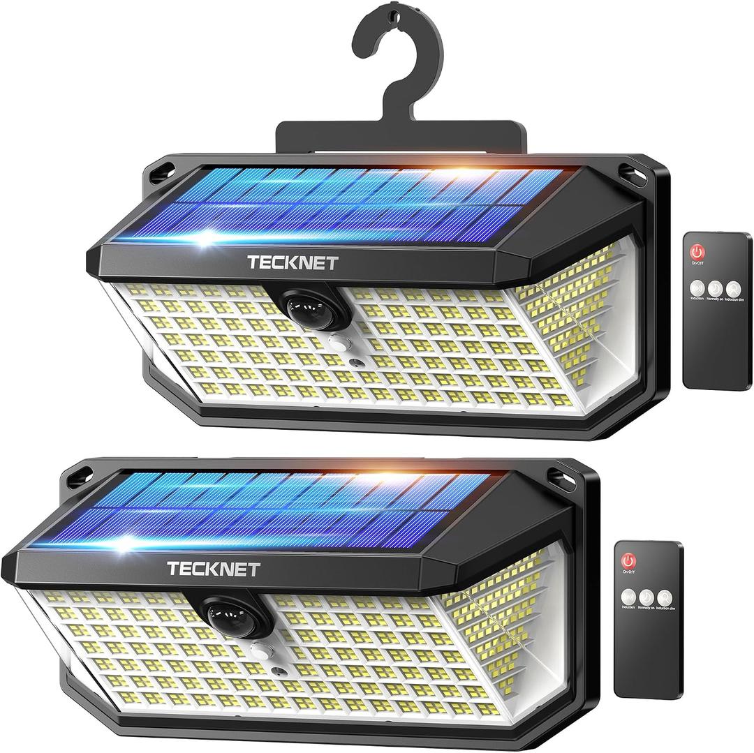 TECKNET 546 LED Motion Sensor Outdoor Lights with Remote Control & Hook,7500LM Solar Lights Outdoor with 2200mAh & IP66 Waterproof, 300 Angle & 3 Modes, Solar Lights for Patio Fence Garage 2 Pack