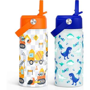 SANDJEST Kid Water Bottle 12oz with Straw Lid - 2-Pack Insulated Stainless Steel Water Bottles for Kids Girls - Travel Cup for School Sports, Construction & Dinosaur
