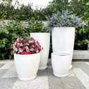 ZMTECH 24/21/12/10" H Large Plastic Planters with Drainage Hole and Saucer -Set of 4 Tall Plant Pots for Indoor & Outdoor Use,White Glossy Smooth Lightweight Flower Pot for Front Porch Patio Deck