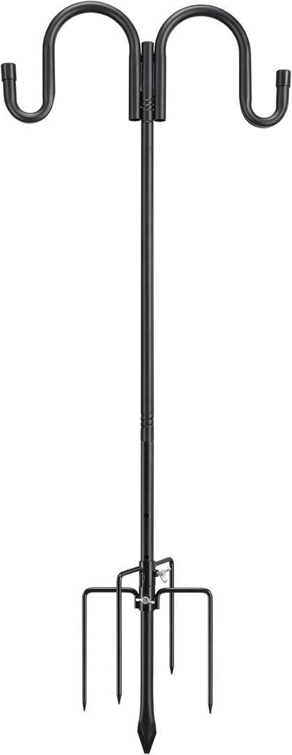 Black Double Shepherds Hook - 52 Inch Adjustable Bird Feeder Pole with 5 Prongs Base - Heavy Duty Rustproof Shepards Hooks for Outdoor Hummingbird Feeder Stand, Solar Lights, Lanterns, Flower Basket