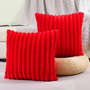 FUTEI Striped Decorative Throw Pillow Covers 18x18 Inch Set of 2,Square Spring Decorations Couch Pillow Case,Soft Cozy Faux Rabbit Fur & Velvet Back,Modern Home Decor for Bed