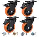 4" Caster Wheels, Casters Set of 4 Heavy Duty - Orange Polyurethane Castors, Top Plate Swivel Wheels, 4-Pack Industrial Casters with Brake, Locking Caster for Furniture and Workbench