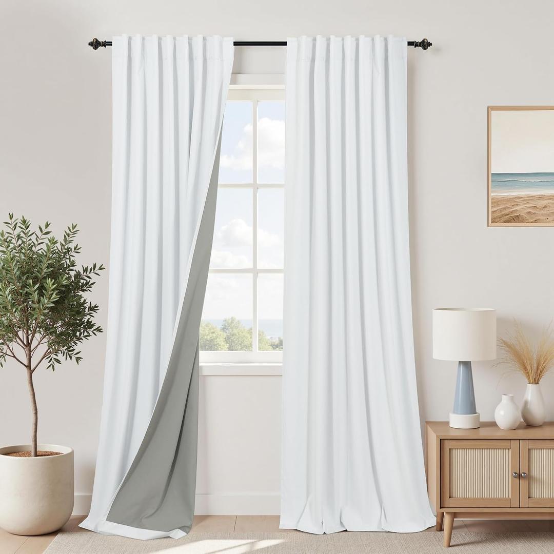 KOUFALL White Back Tab Linen Blackout Curtains 92 Inches Long