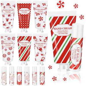 Leelosp 12 Pcs 6 Sets Christmas Hand Cream and Lip Balm Gift Set Bulk Mini Travel Size Lotion and Lip Balm with Peppermint Candy Theme Xmas Stocking Stuffers Thank You Gift for Women Staff Coworker