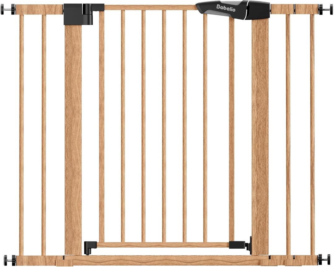 Mom's Choice Award Winner, Babelio 26-40" Metal Baby Gate with Wood Pattern, PressGuard C5 Easy Install Pressure Mounted Dog Gate for Stairs and Doorways, with Wall Protectors and Extension Kits