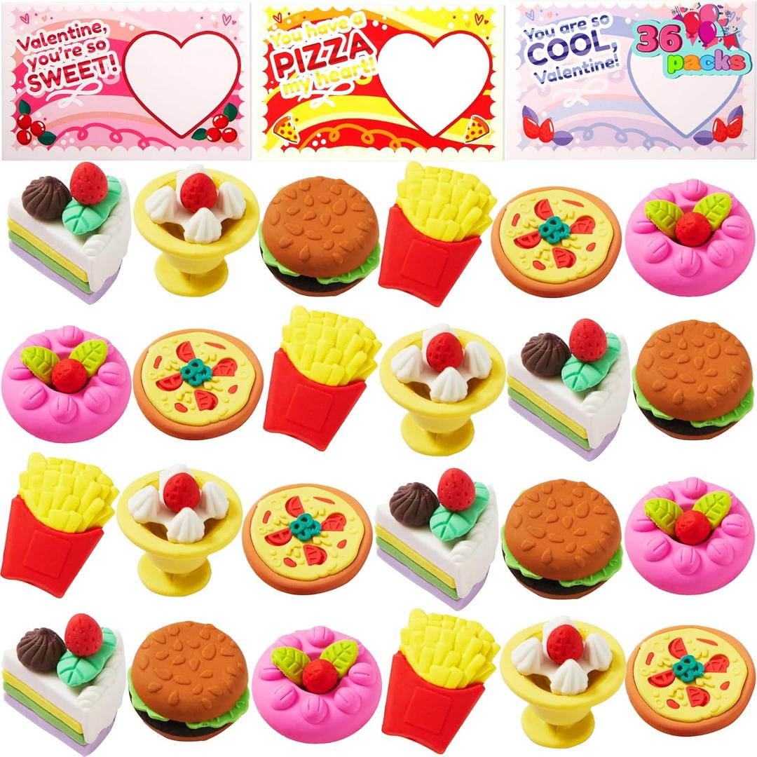 JOYIN 36 PCS Valentines Day Gift Cards with 3D Dessert Erasers for Kid Classroom Cards, Party Favor Toy Card Party Favor, Classroom Prize Supplies, Valentines Greeting Cards