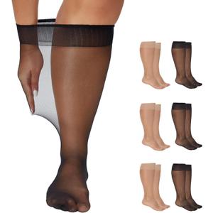 Yilanmy 6 Pairs Plus Size Knee High Stockings for Women Sheer Trouser Socks (XXXL)