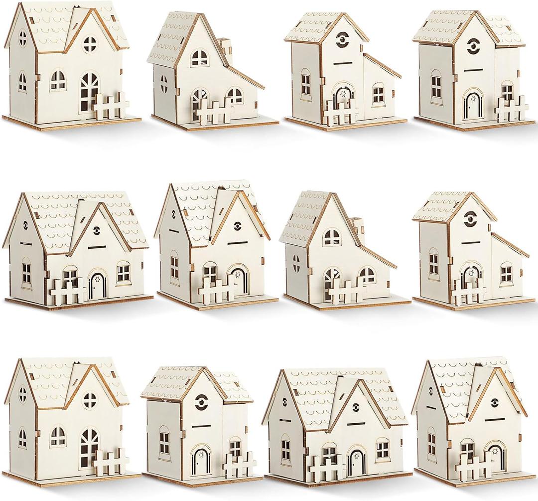 Hiboom 12 Pcs DIY Christmas Village Sets Wood Village Houses with Fence Christmas Mini Wooden House Gift for Winter Xmas Party Decorations