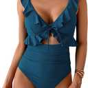 Eomenie One Piece Swimsuit for Women Tummy Control Ruffle Bathing Suit V Neck Ruched Swim Suit Slimming Cutout Swimwear, XL