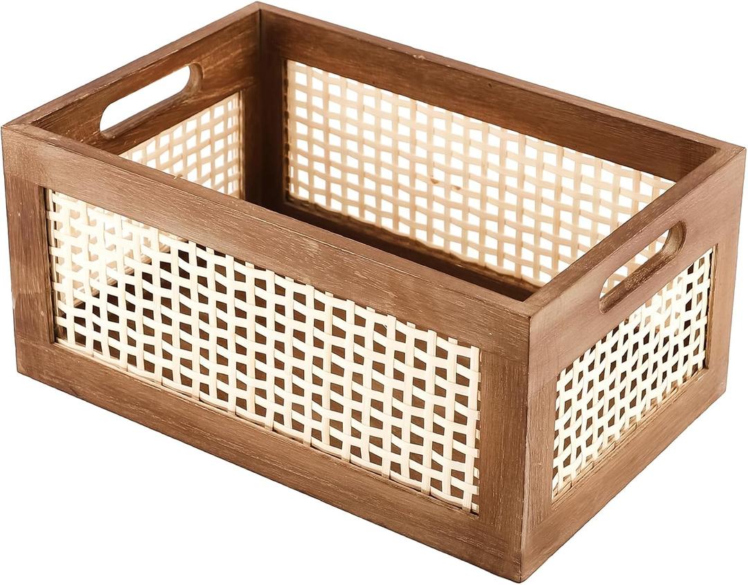 Wooden Storage Basket with Handle & Bamboo Woven Panel | Woven rattan organizer box, boho decorative, 11.81×7.87×5.51in, pantry, shelf, kitchen, closet, countertop, bathroom storage