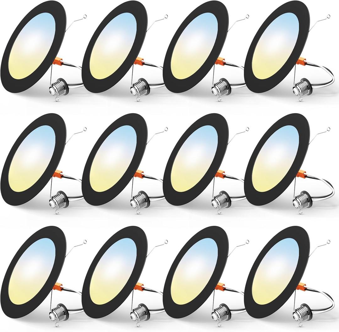 FREELICHT 12 Pack Retrofit LED Recessed Lighting 6 Inch, Selectable 2700K/3000K/4000K/5000K/6000K, Dimmable Flat LED Can Lights, 10W=110W, 1000LM, IC & Damp Rated, ETL & FCC, Black