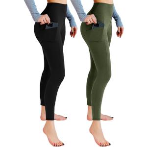Leafigure 2 Pack Leggings with Pockets for Women, High Waisted Soft Leggings for Yoga Gym (Small-Medium, Black/Army Green)