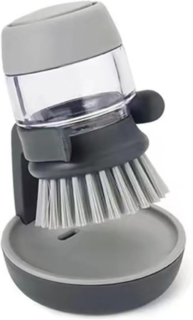 Dish Brush with Soap Dispenser, Dishwashing Kitchen Scrub Brushes Dish Scrubber with Holder Drip Tray, for Cleaning Pan, Pot, Sink(Grey)