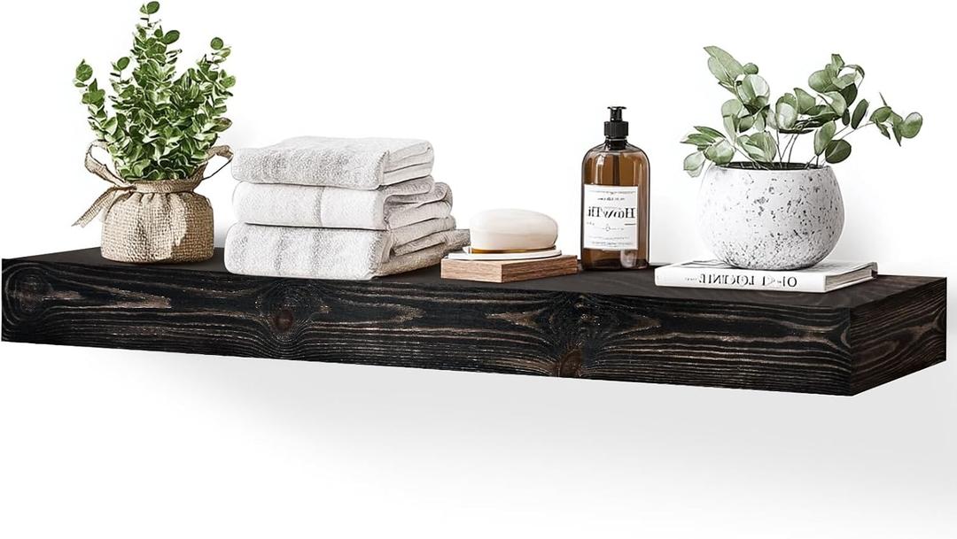48x3x7in Solid Wood Floating Shelf Black Rustic Wall Mounted Fireplace Mantel Shelf Heavy Duty Decorative Fireplace Mantel for Living Room, Kitchen, Bathroom, Bedroom