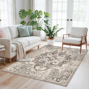 YOUFORTONG 4x5 Washable Area Rug: Vintage Soft Kitchen Rugs Non-Slip Stain Resistant Entryway Office Carpet Low Pile Thin Indoor Throw Rugs for Living Room Bedroom Dining Room(Beige,4X5)