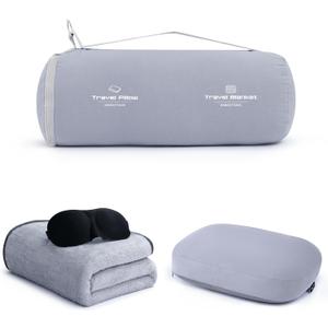 4-in-1 Travel Pillow & Blanket Set with Eye Mask, Memory Foam Neck Support, 50x65 Inch Blanket, Storage Bag for Airplane, Car, Train, Home Travel Grey