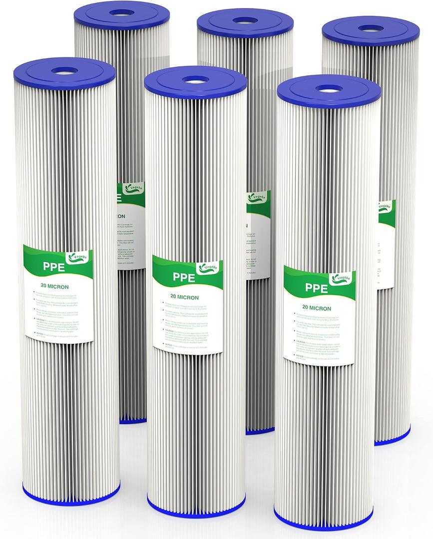20 Micron 20-Inch Heavy Duty Whole House Water Filter Replacement Cartridge, Pleated Sediment Water Filters 4.5" x 20" for Well Water, Compatible with ECP5-20BB, R30-20BB, SPC-45-2050, 6 Pack