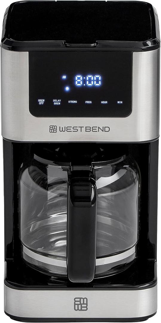 West Bend Drip Coffee Maker Brews Hot or Iced, Programmable with Brew Strength Selector Auto Shut-Off and 6 Functions Permanent Mesh Filter and Glass Carafe, 12-Cup, Metallic