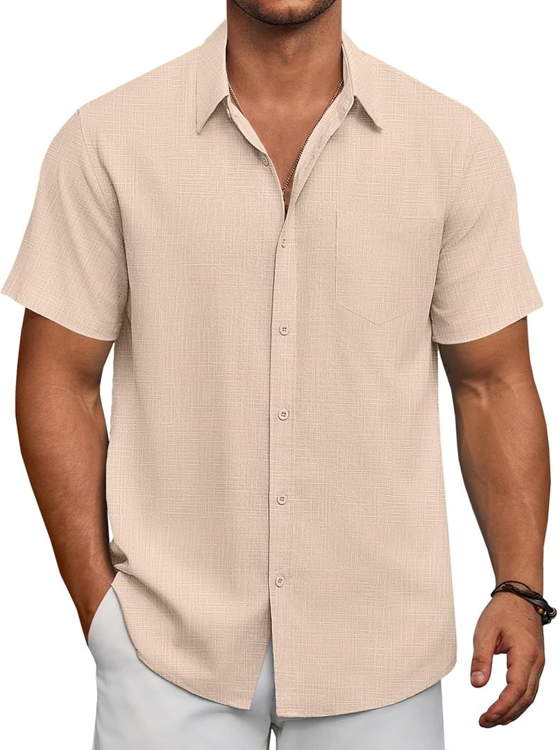 COOFANDY Men's Short Sleeve Button Down Shirts Summer Casual Textured Shirt Vacation Beach Wedding Shirts with Pocket (Beige, M)