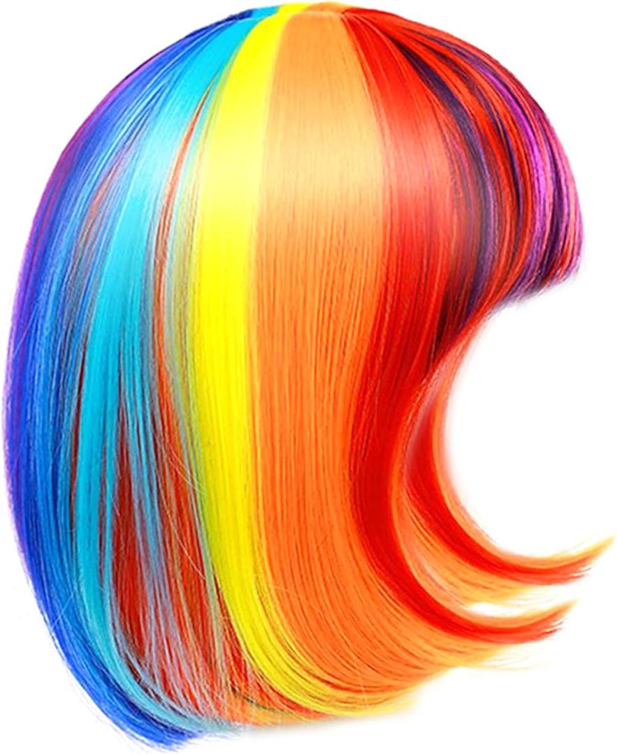 Rainbow Wig, 12 Inch Short Colorful Wig with Bangs, Breathable Synthetic Colored Wigs for Women, Adjustable to Wear Fun Wigs for Party Colored Fun for Party