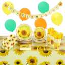 Sparkle and Bash Serves 24 Sunflower Party Supplies & Yellow Decorations, Baby Shower Paper Plates, Napkins, Tablecloth, You Are My Sunshine Banner - Party Plate