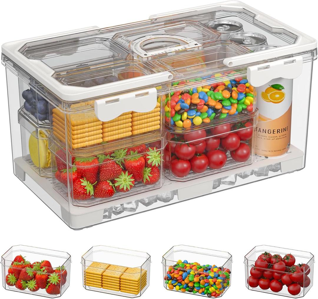 Large Snackle Box Container, Picnic Basket with Lid and Handle, 8 Big Compartment Clear Organizer Divided Serving Tray for Biscuit, Fruits, Charcuterie - Perfect for Travel, Picnic, Beach & Party