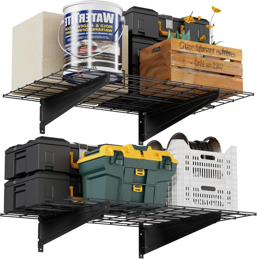 2-Pack 2x3ft Garage Wall Shelving, 24"x36" Shelf Storage Rack Floating Shelves Wall Mounted, Heavy Duty Storage Shelves, 800lbs Load Capacity, with 8 Hooks for Garage Organization, Black