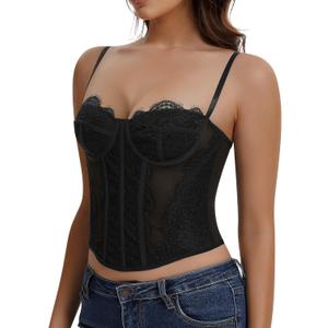 Lace Corset Tops for Women Sexy Going Out Bustier Top Sleeveless Adjustable Straps Crop Tops with Back Hooks, Small