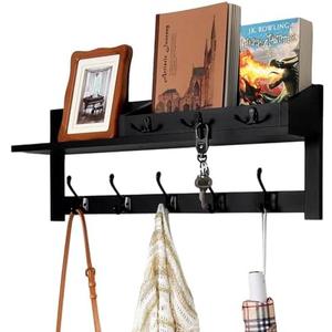 Exper City Coat Rack Wall Mount with Shelf, 26IN Wooden Coat Hanger Hooks Wall Mount with 8 Metal Hooks, Hanging Shelf with Hooks, Black