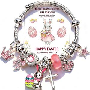 Easter Gifts for Girls, Adjustable Bunny and Egg Cross Charms Bangle,Easter Basket Stuffers Religious Jewelry Gifts with Greeting Card for Girls Teens Kids Women Christian