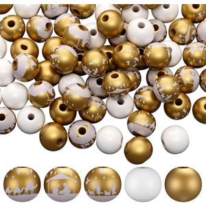 Bucherry 120 Pcs 16 mm Christmas Wooden Jesus Beads Nativity Wooden Craft Loose Advent Spacer Beads for DIY Christmas Ornaments Jewelry Making Home Wall Hanging Garland Holiday Decoration(Gold)