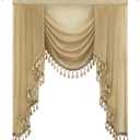 Beige Waterfall Sheer Window Curtain Valance for Living Room - Tassels Swag Curtain Valance for Bedroom, Valance for Kitchen, 1 Panel, Width 39 Inch