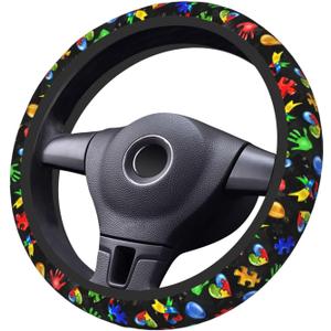 Autism Awareness Steering Wheel Cover Anti-Slip,Sweat Absorption Universal 15 inch Steering Wheel Covers Cute car Accessories for Men Women (One Size, Black 2)