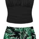 ADIRUN Girls Tankini Swimsuits Two Piece Tropical Print Pleated Bathing Suit with Ruffle Drawstring Skirt Swimwear, Size 15-16Y